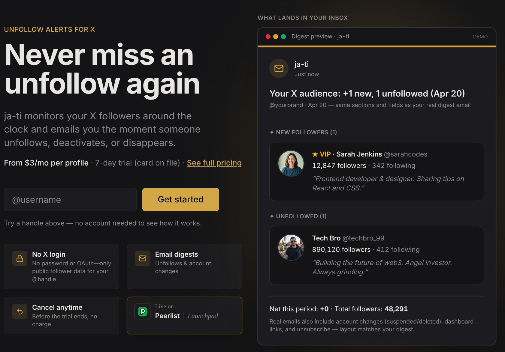 Ja-ti product UI: dashboard or follower tracking view.